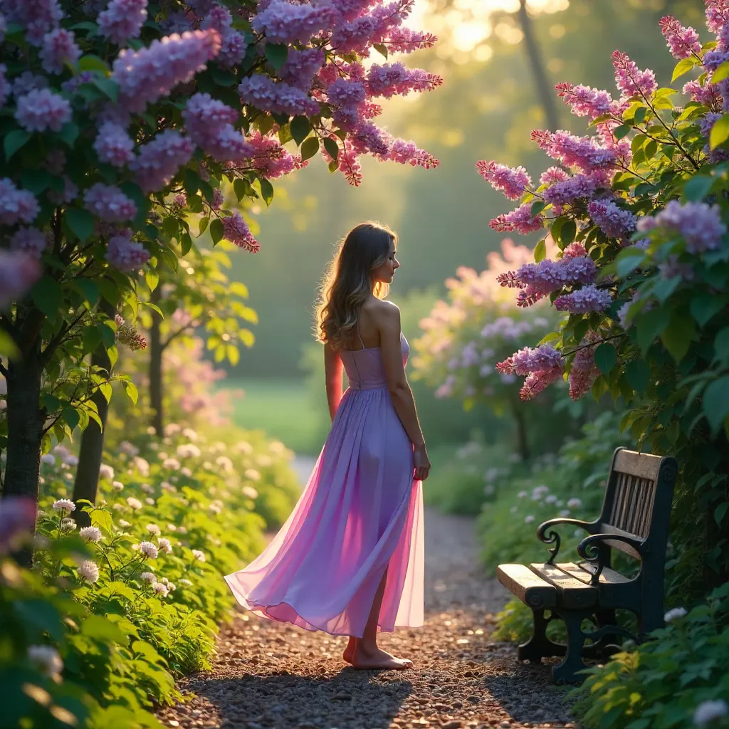 Back View Among Serene Lilac Blooms in a Garden