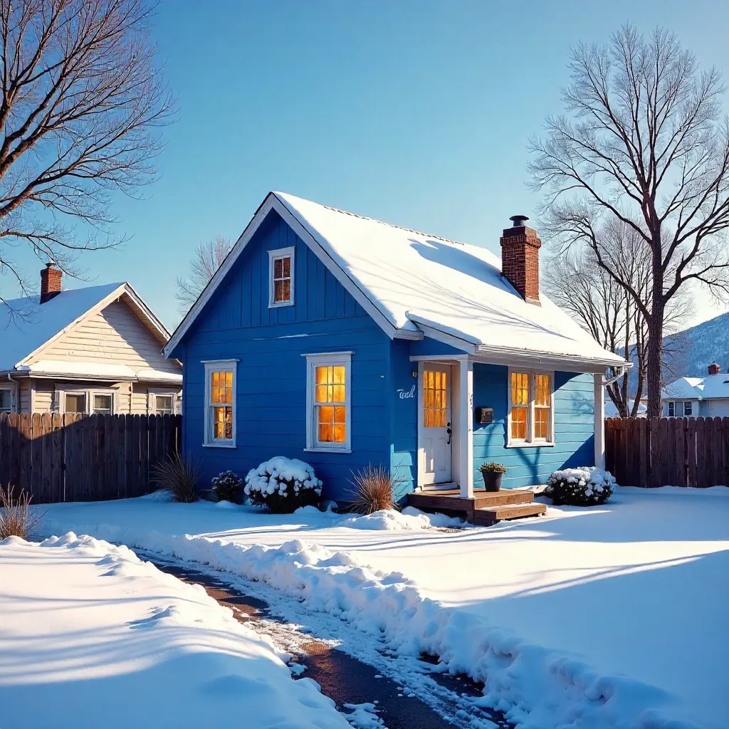Quaint cobalt-blue Boise winter cottage under a clear sky