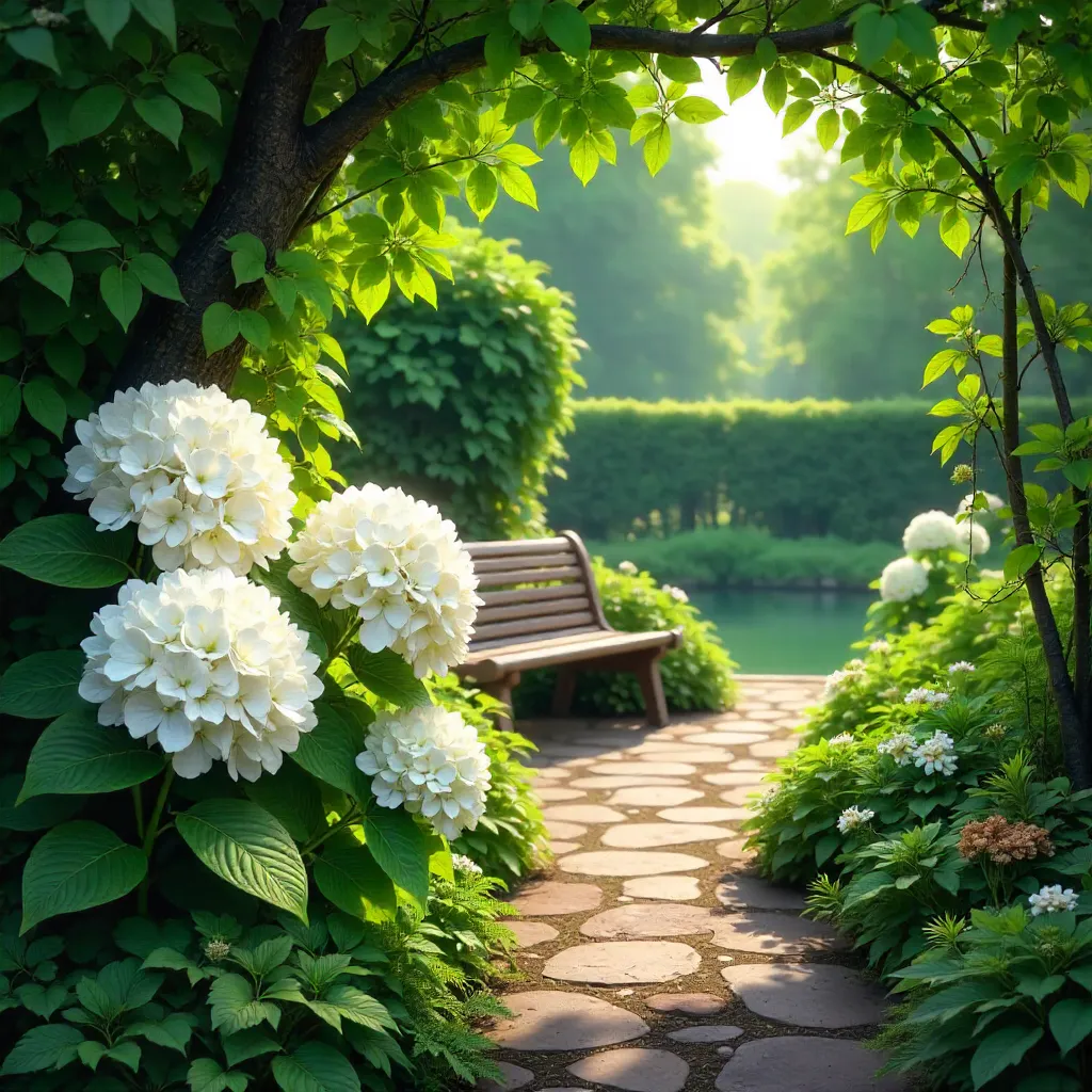 White Hydrangeas in a Lush Botanical Garden
