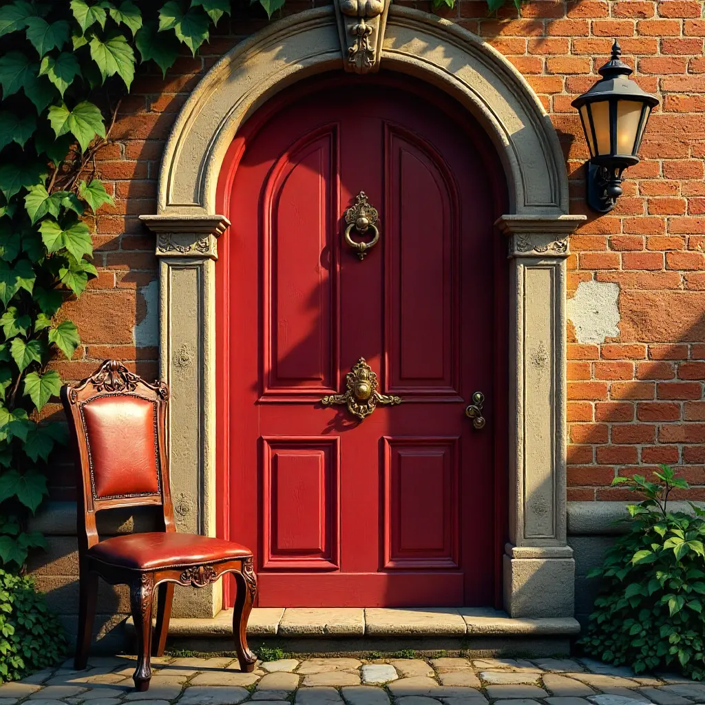 Red Arched Door with Ornate Design and Rustic Chair