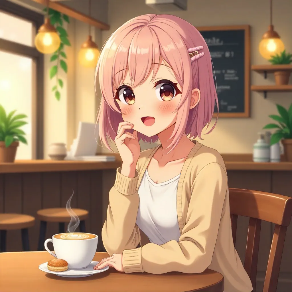 Cheerful Anime Girl in a Cozy Cafe