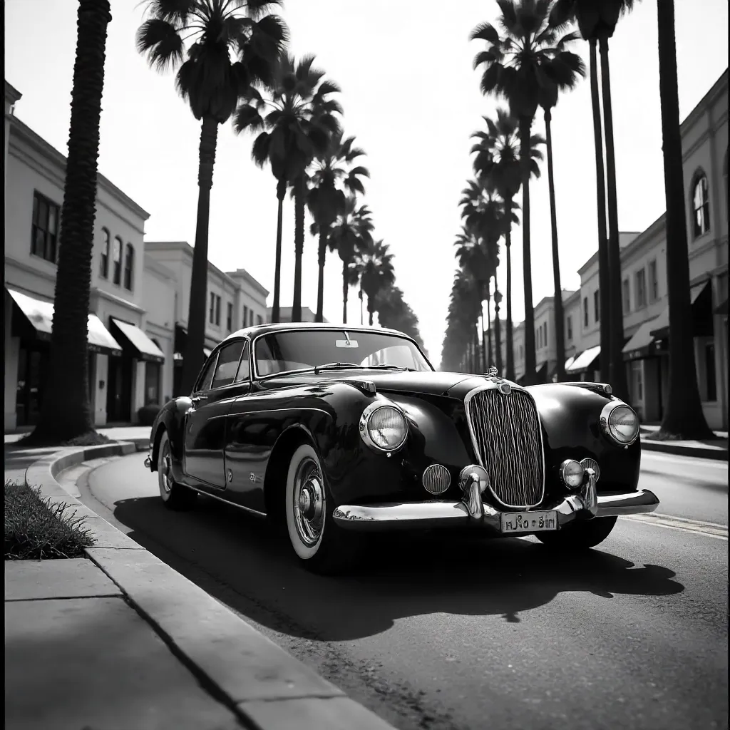 Monochrome Beverly Hills Palm-Lined Luxury Car