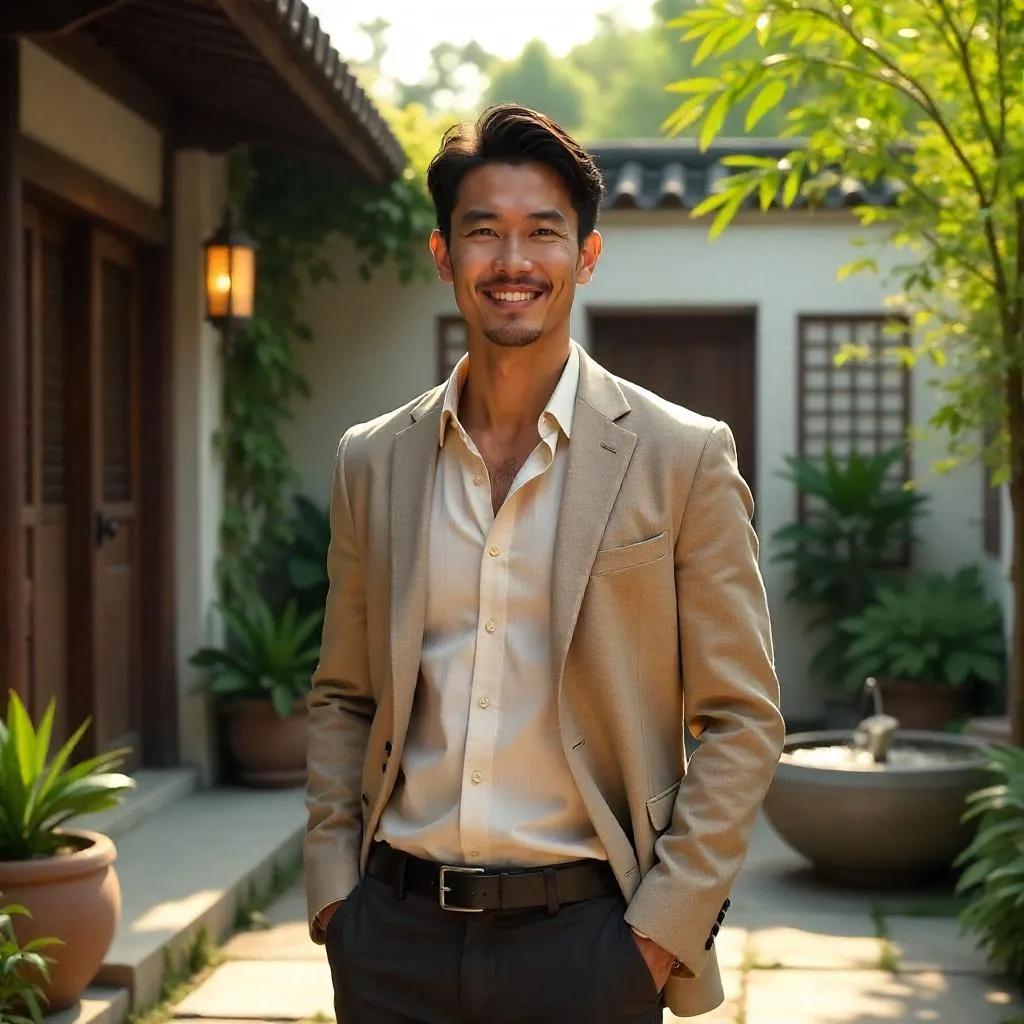 Handsome Asian Man in a Courtyard — Photorealistic
