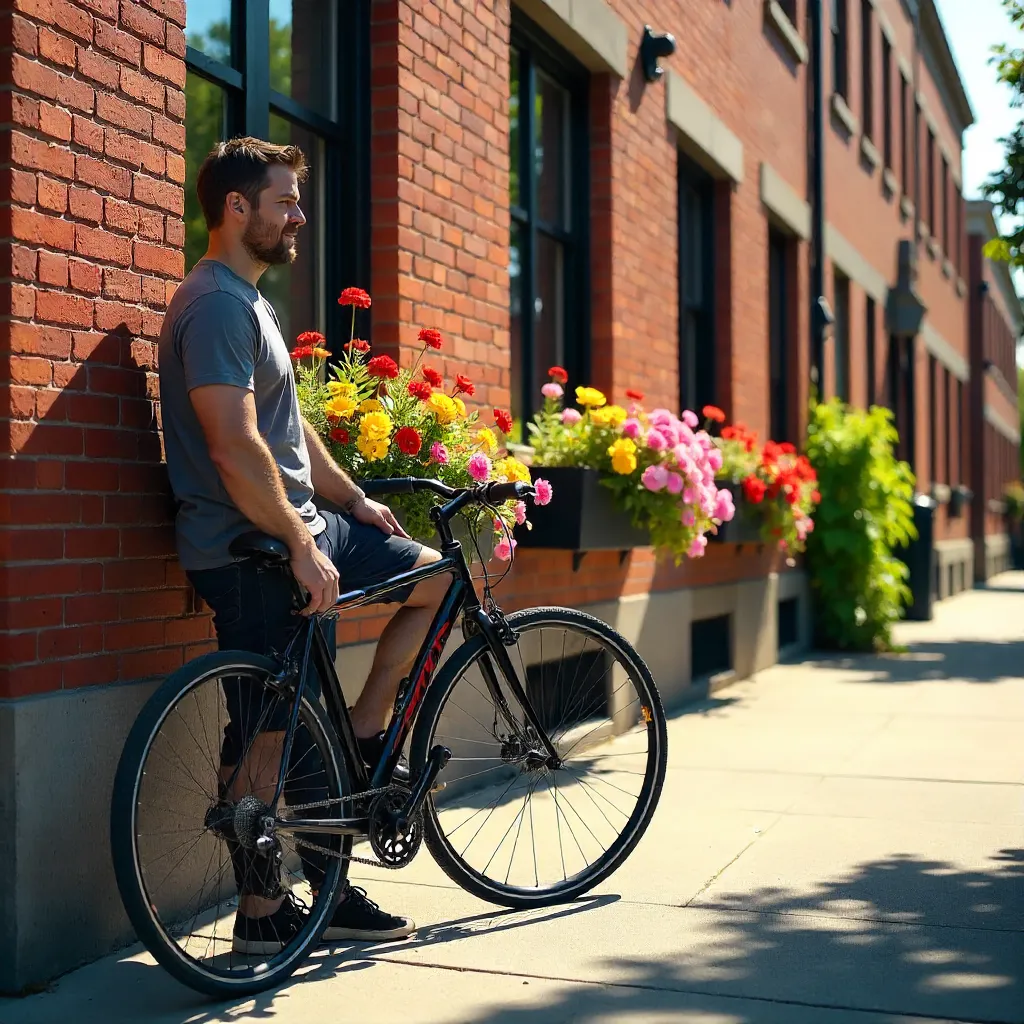 Sunny Day by the Brick Building with Bike and Flowers