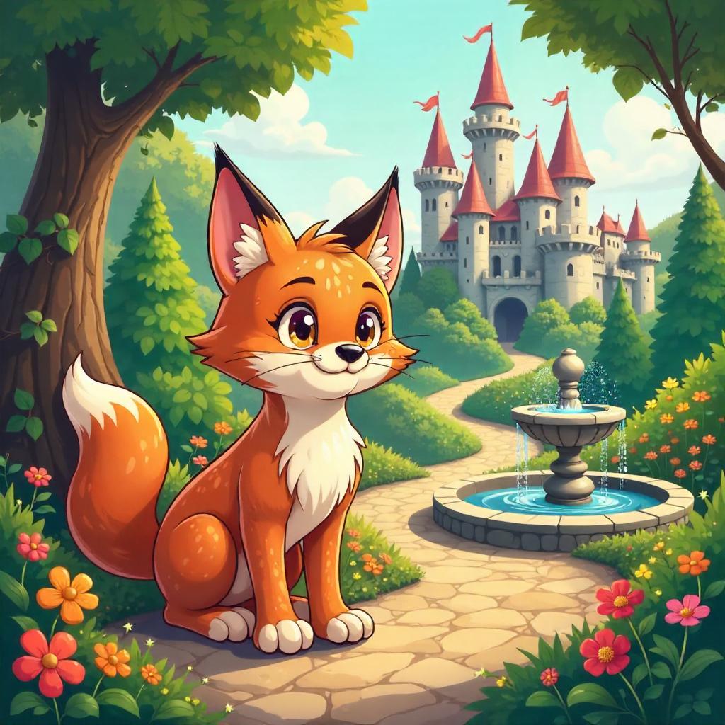 Whimsical Cartoon Lynx in Castle Garden