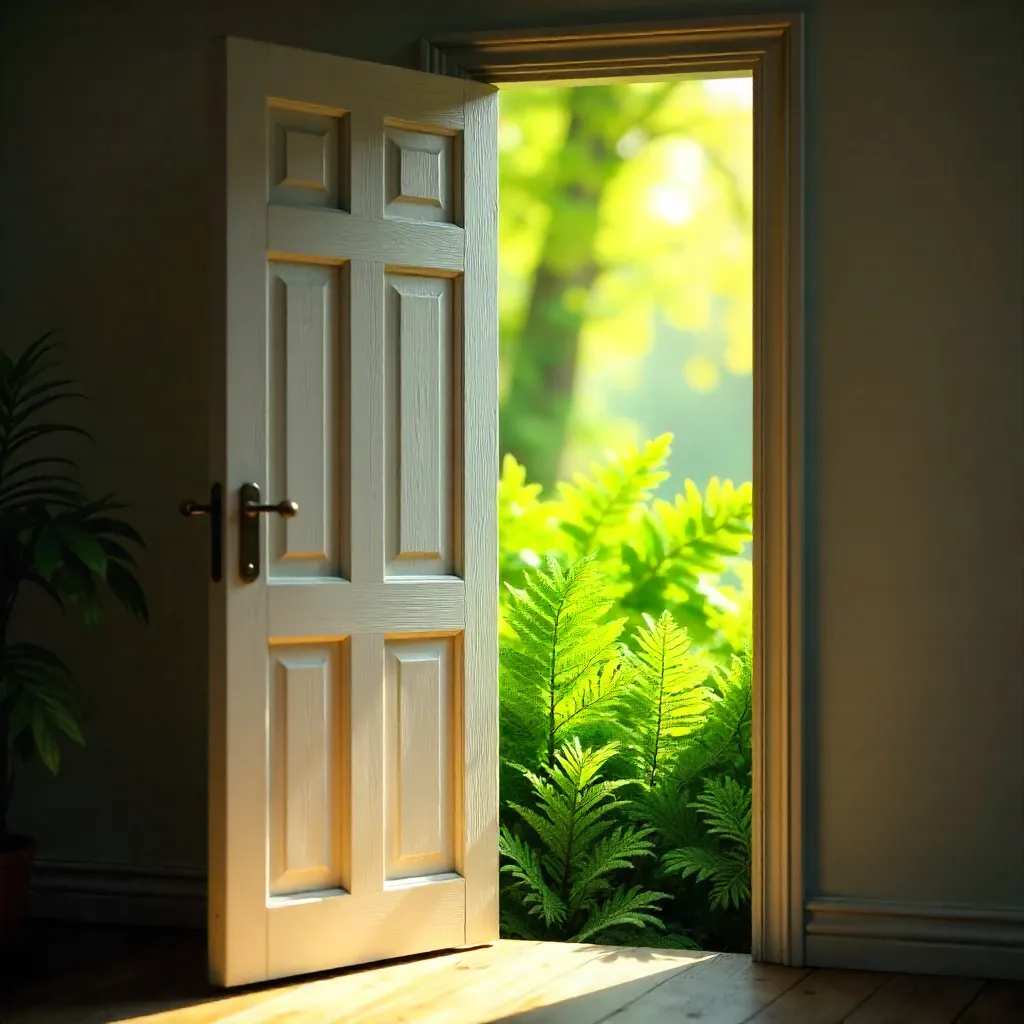 Partial White Door to Lush Green Outdoors