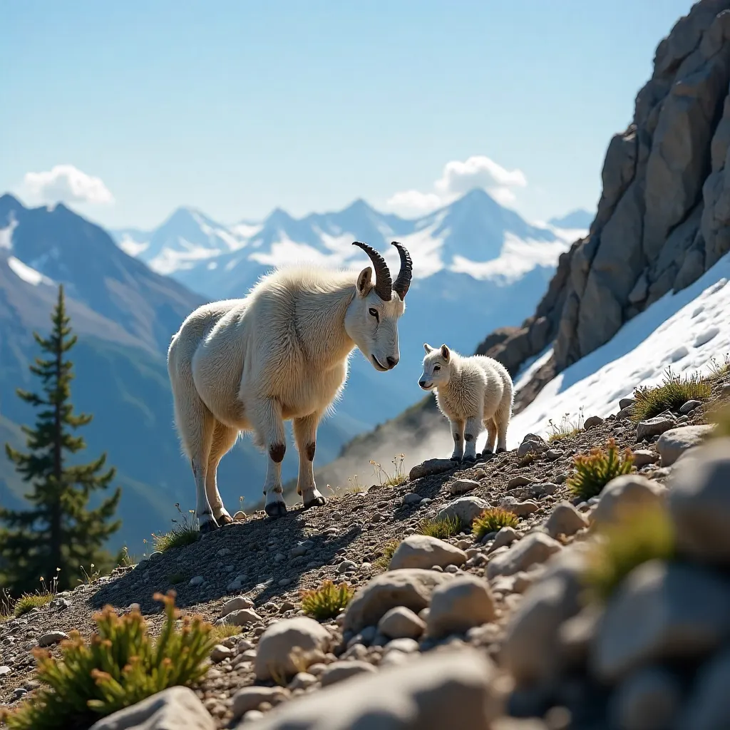 Mother Mountain Goat and Kid on Mount Evans