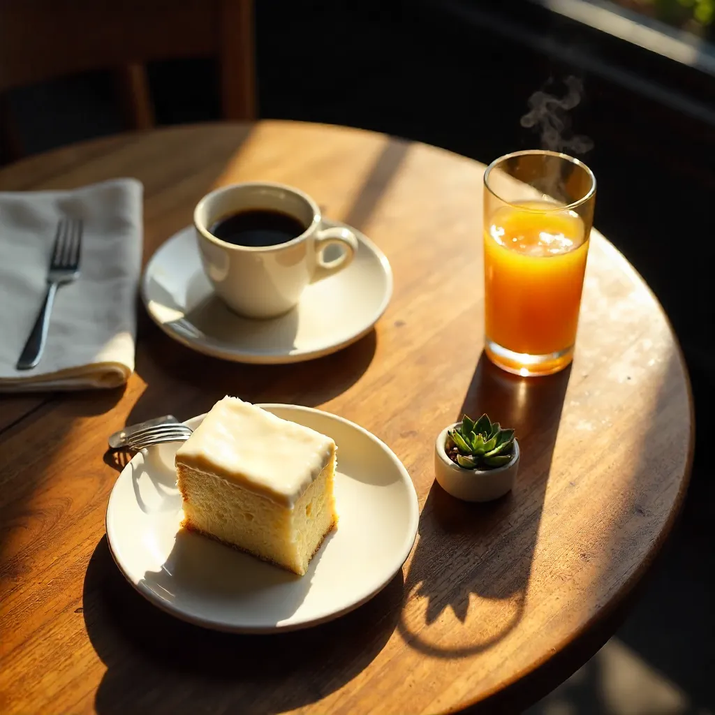 Overhead Cozy Café Table: Cake, Coffee, and Juice