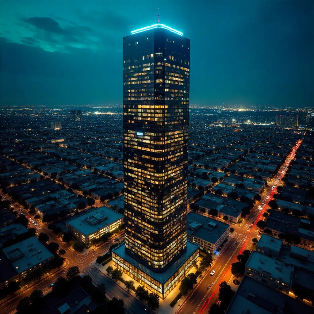 Dramatic Aerial Nightscape Over LA Skyscraper