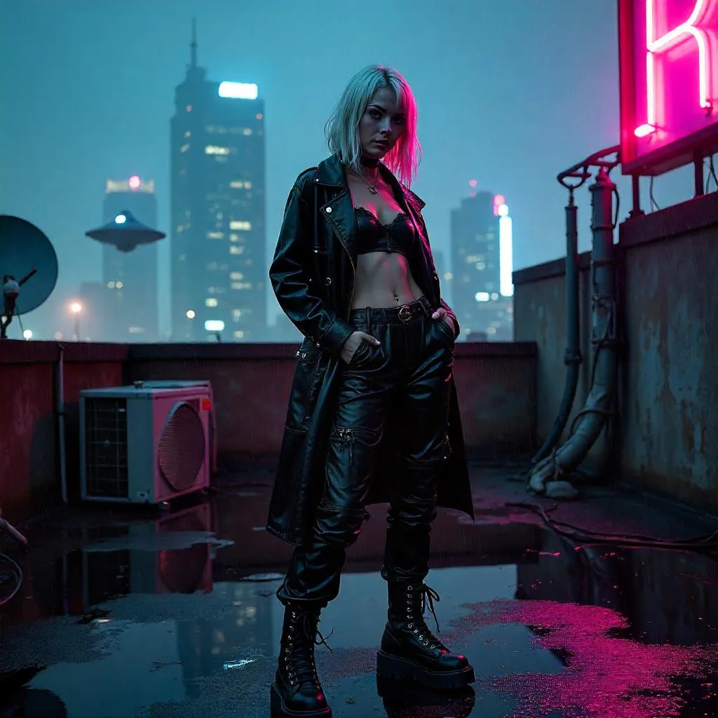 Neon Rooftop Cyberpunk Fashion