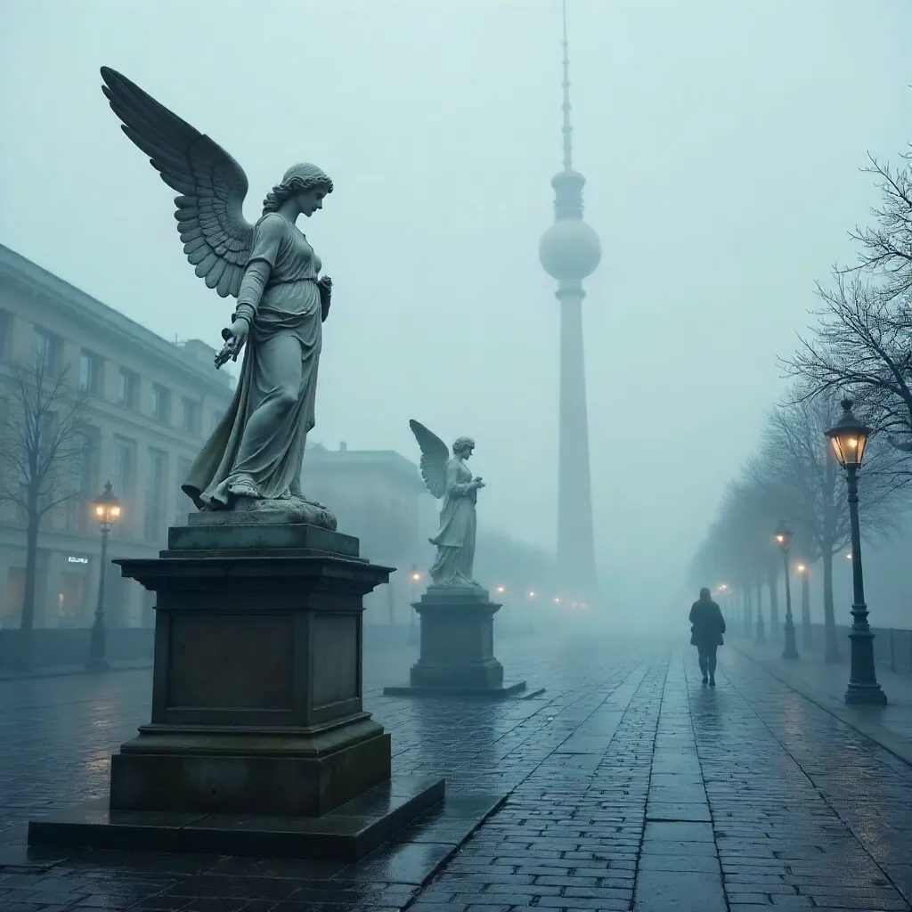Berlin Angel Statue with TV Tower in Fog