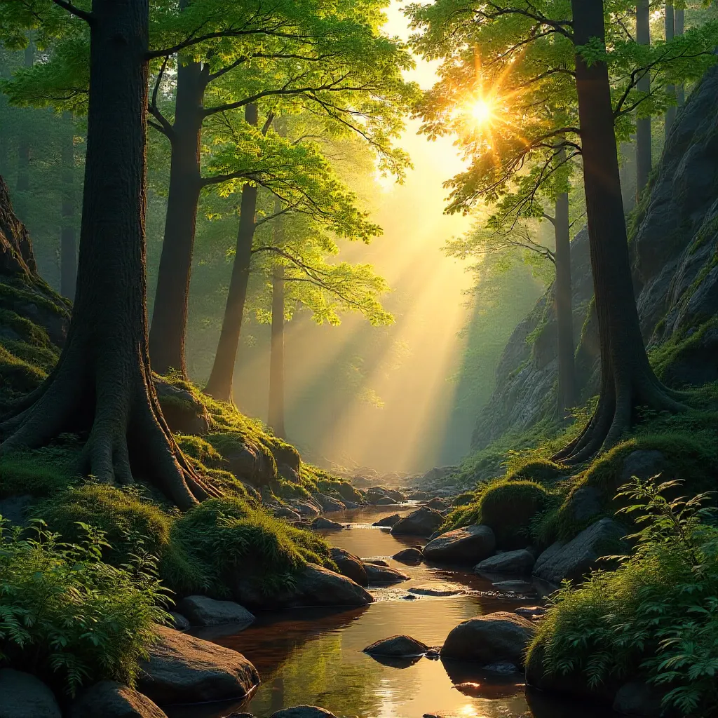 Golden Hour Forest: Sunlit Rocks and Trees