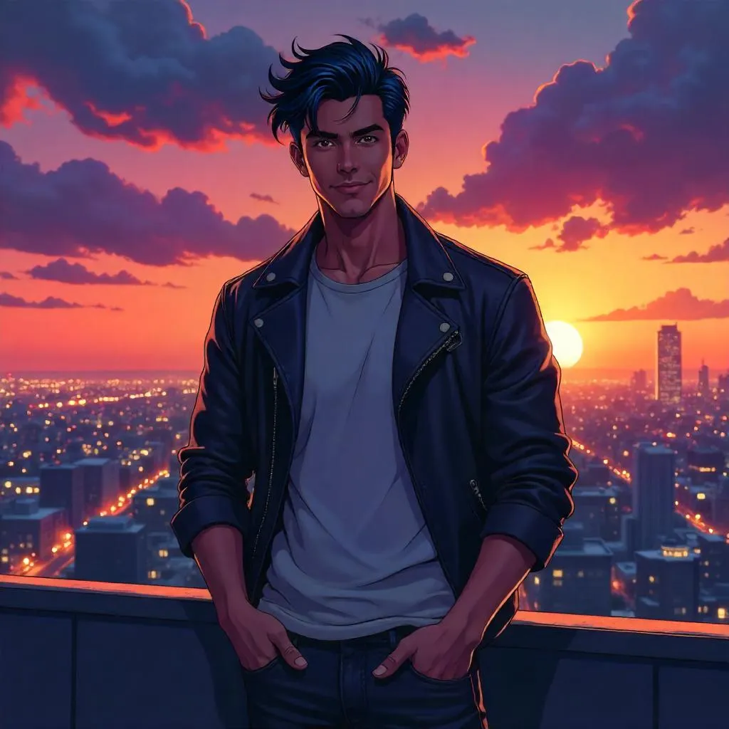Rooftop Sunset: Handsome Indian Hero in Anime Style