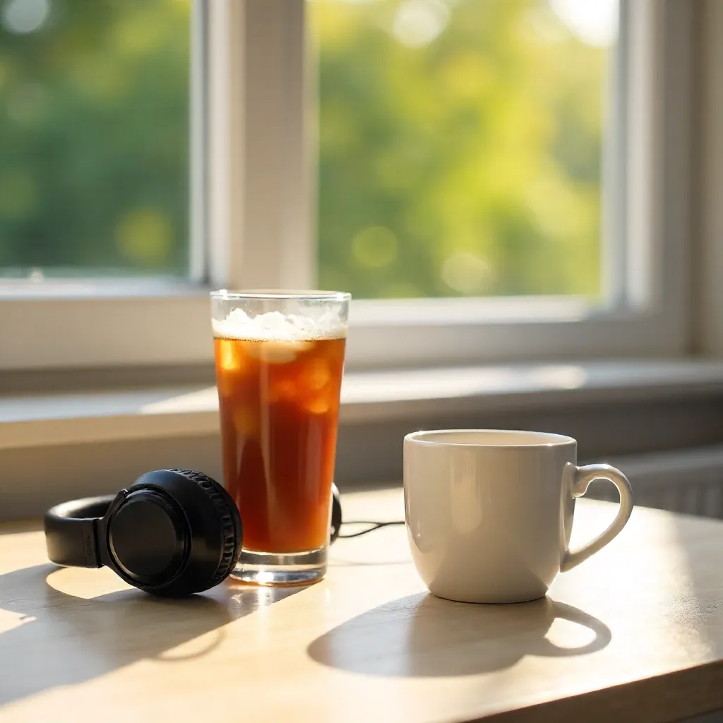 Bright Morning Table: Iced Coffee, Headphones and Mug