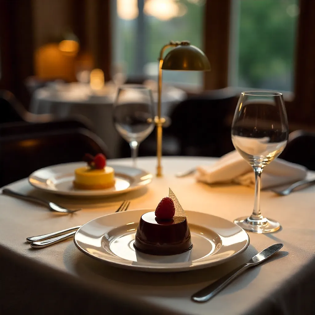 Elegant Dessert Dining Under Soft Lamp Light