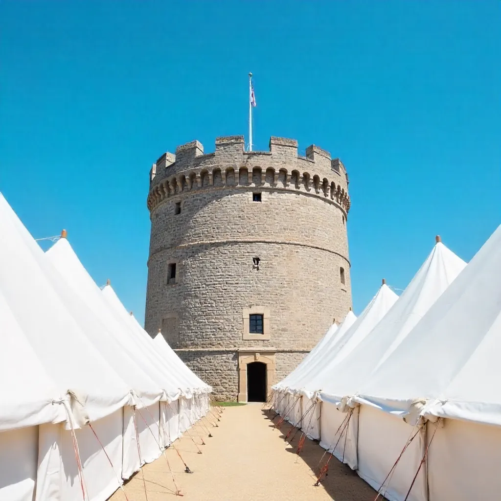 Minimalist Sesimbra Fortress Tower Framed by White Tents