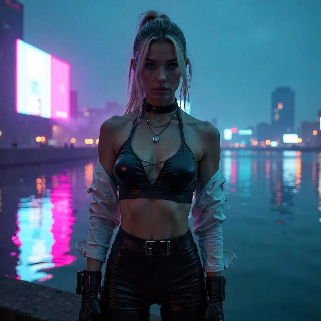 Confident Cyberpunk Woman by a Neon Lake