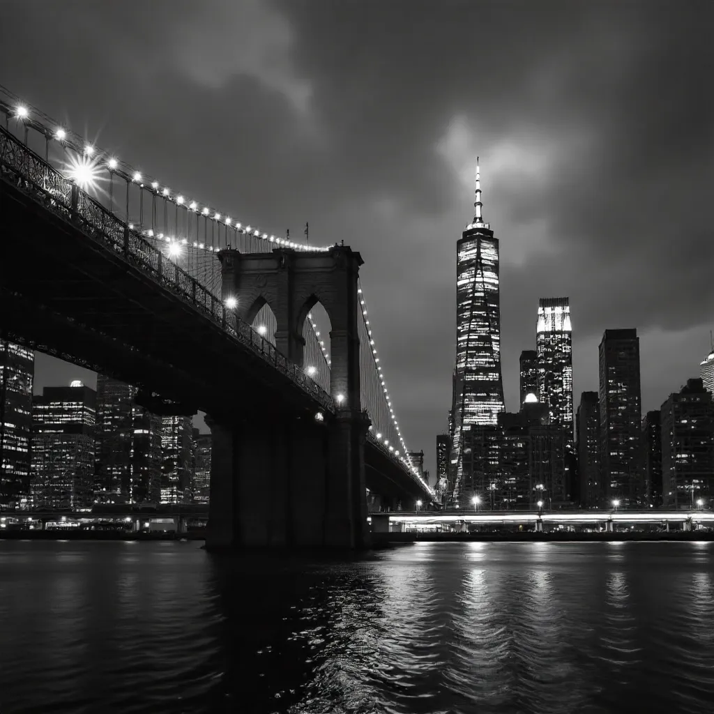 Nocturnal Skyline: Bridge and Skyscrapers in Monochrome