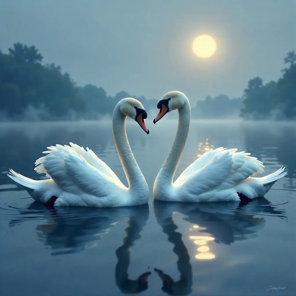 Serene Pair of Swans on Dark, Mirror-Like Water