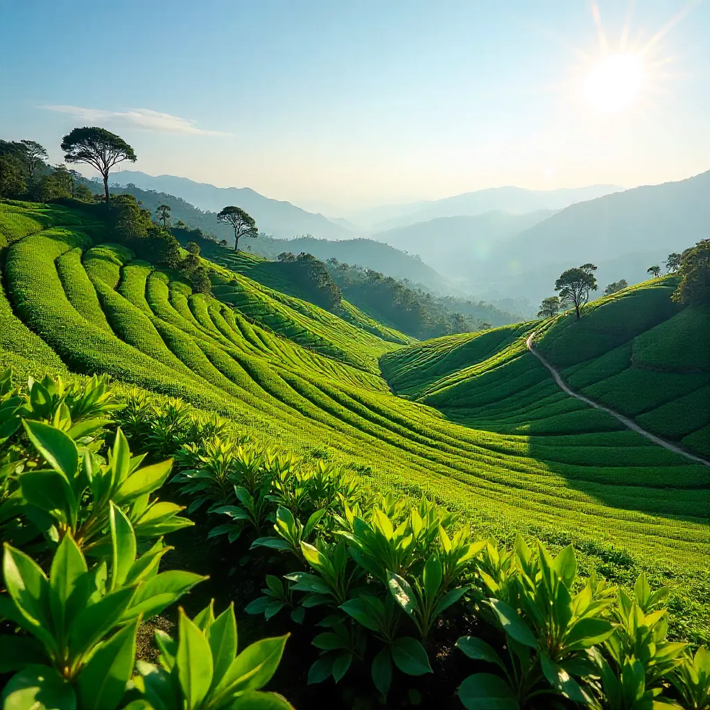 Vast Emerald Tea Terraces Under Bright Sun