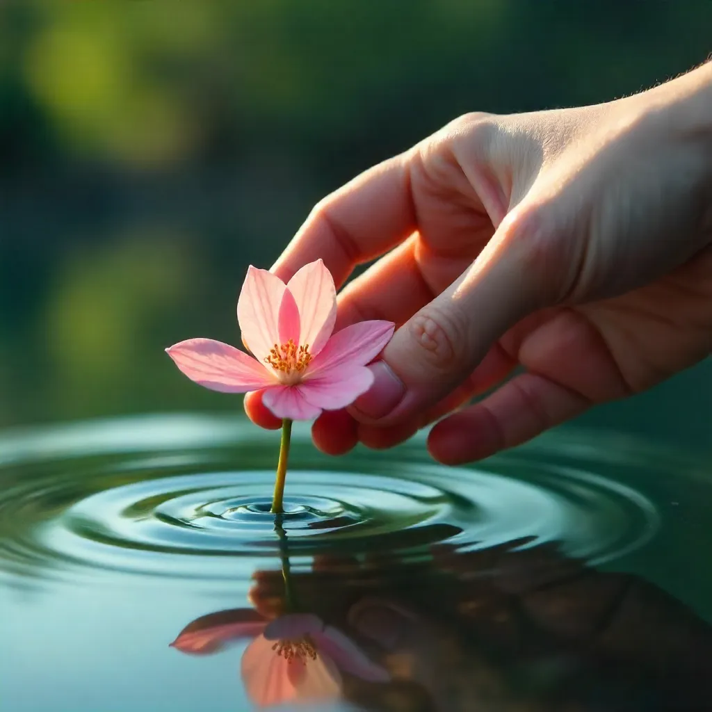 Close-Up: Hand Holding Delicate Pink Flower Over Serene Waters