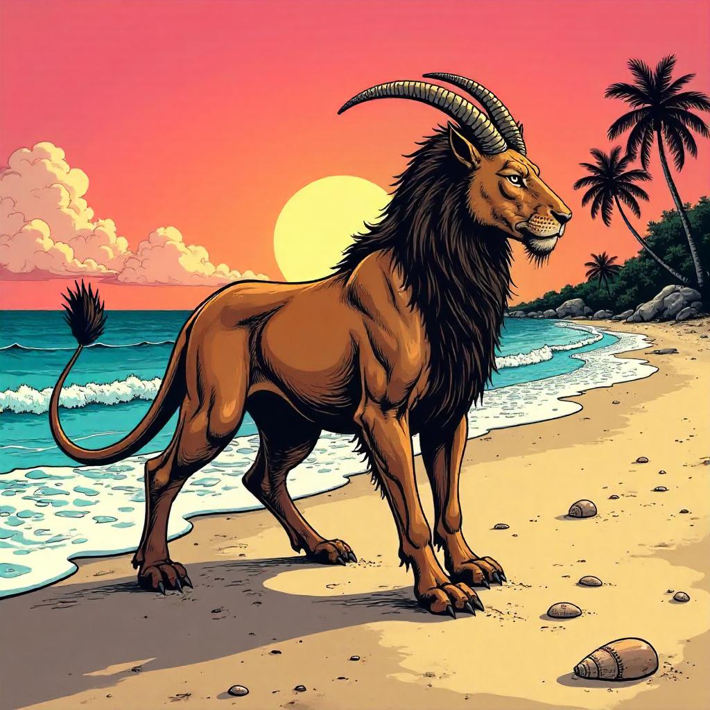 Chimera Hero on a Sunset Beach - Comic Style