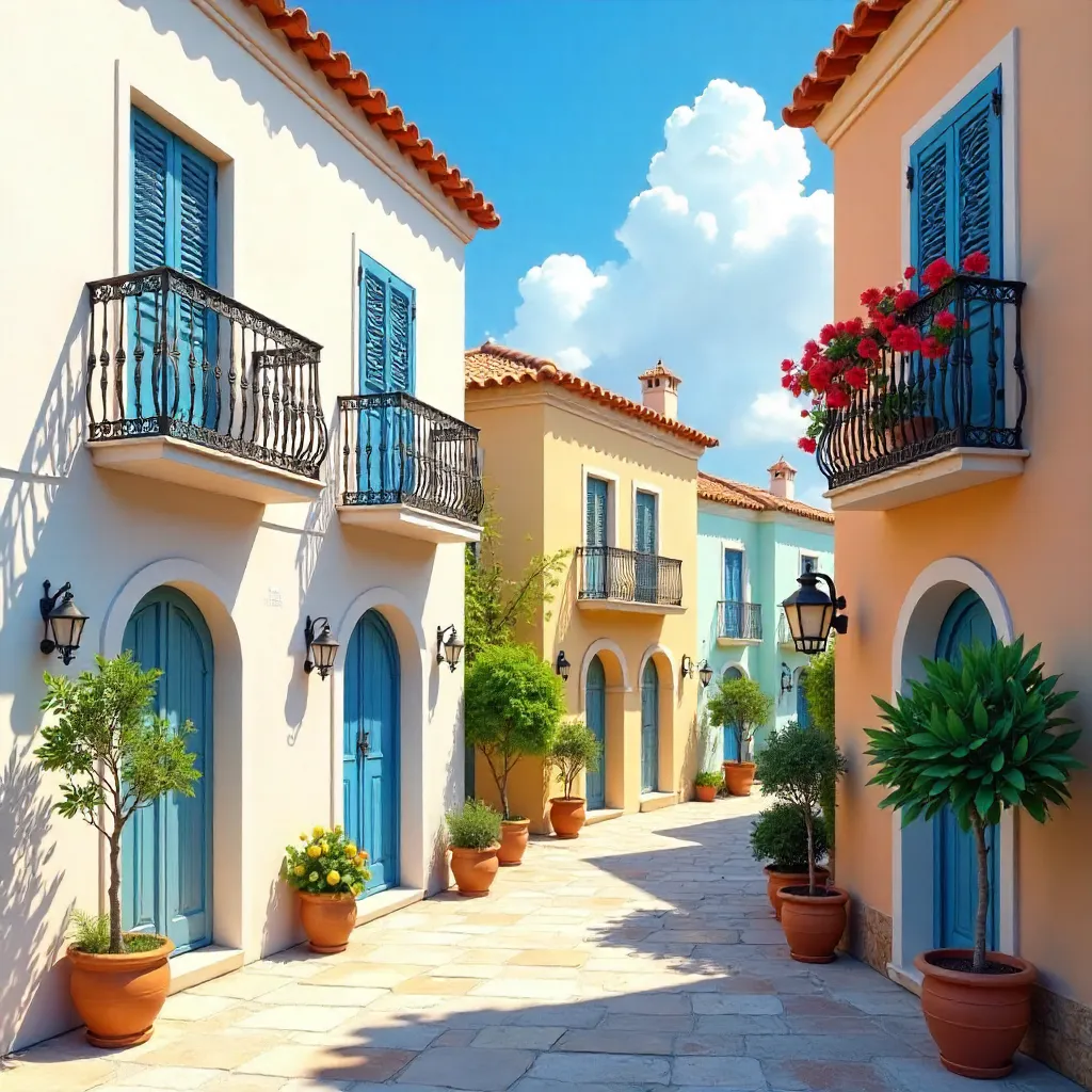 Pastel-Colored Mediterranean Houses Under a Clear Blue Sky
