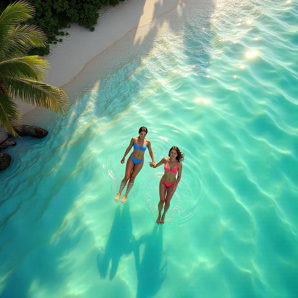 Top-Down View: Two Swimmers in Turquoise Tropics