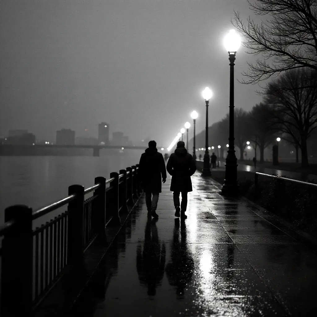 Moody Silhouettes on a Riverside Promenade