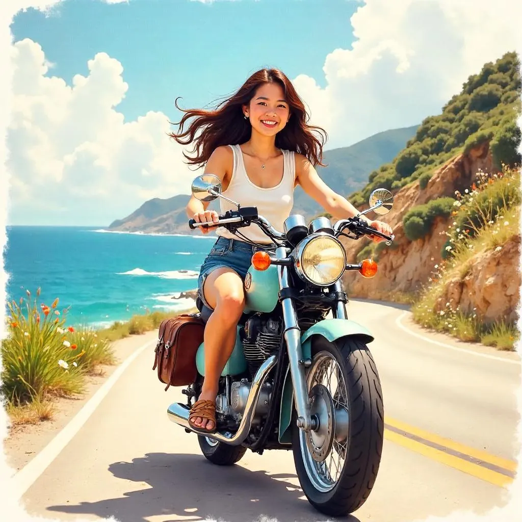 Cheerful Asian Woman on a Watercolor Motorcycle