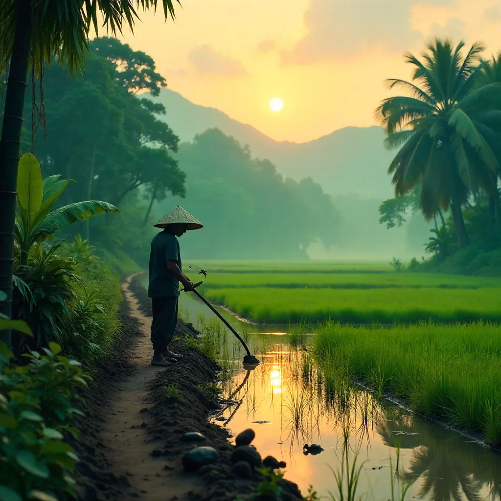 Farmer Tending a Rice Field Amid Dense Greenery