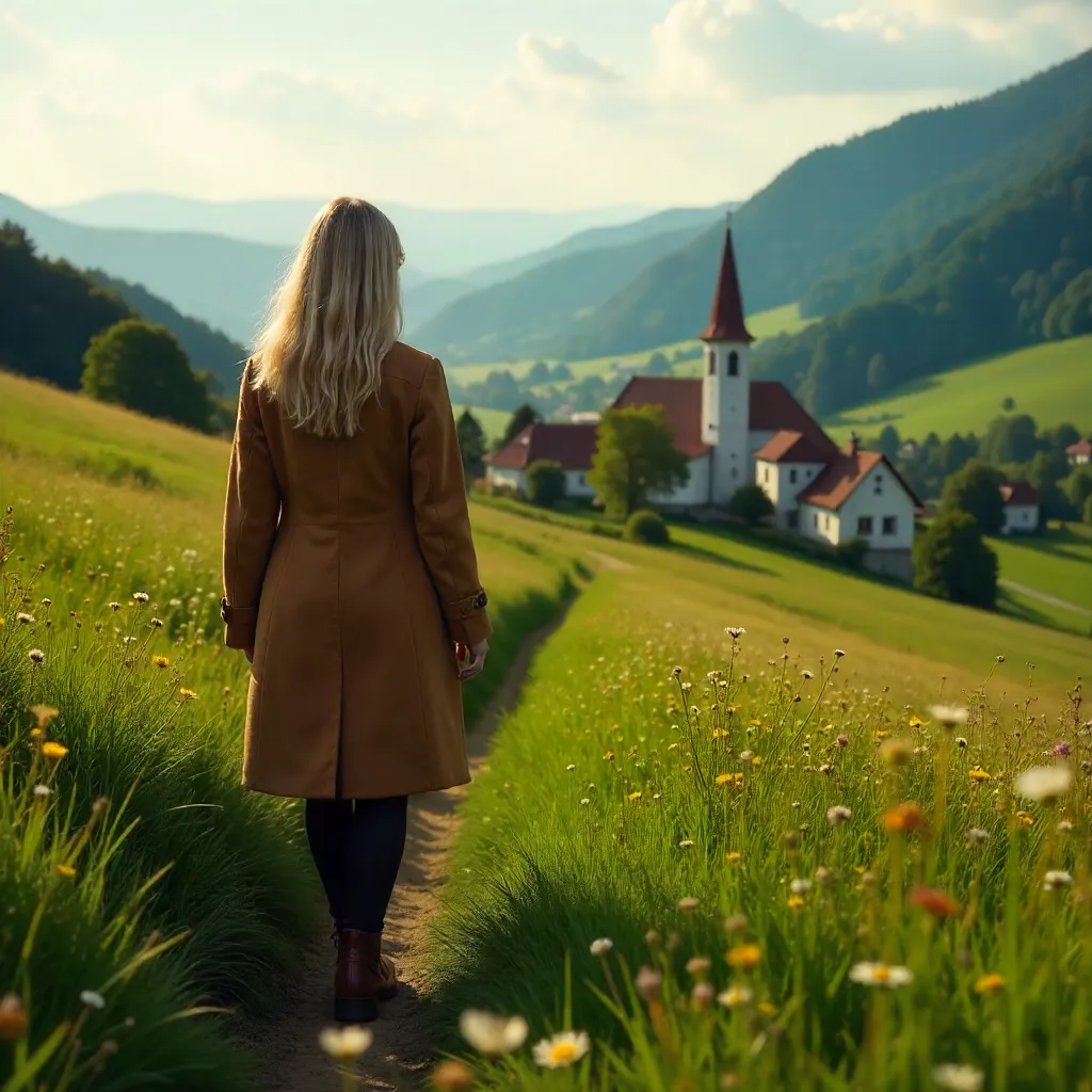 Blonde Woman Overlooking Village Field