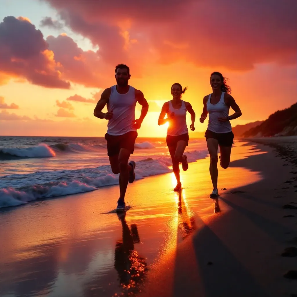 Three Blurred Silhouettes Sprinting on Sunset Beach