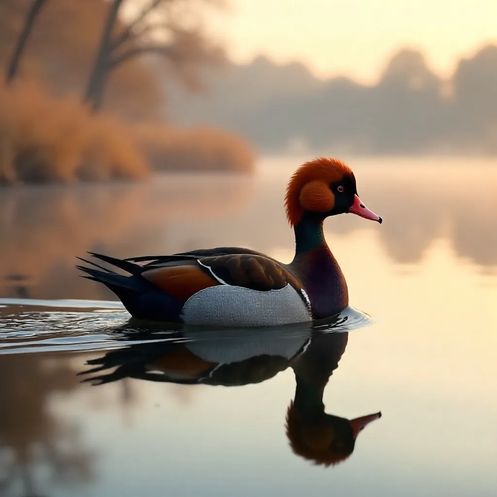 Gliding Red-Crested Pochard Reflected on a Serene Lake