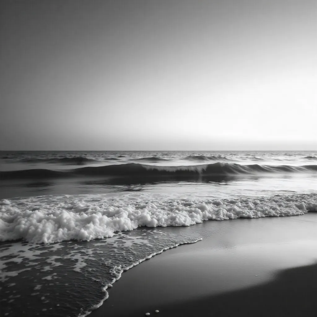 Serene Monochrome Seascape: Waves Under Expansive Sky