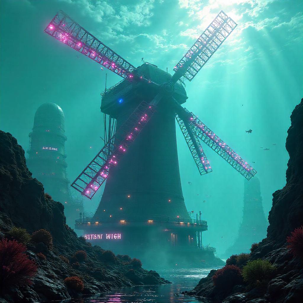 Neon Windmill Over Atlantis: Cyberpunk Seas
