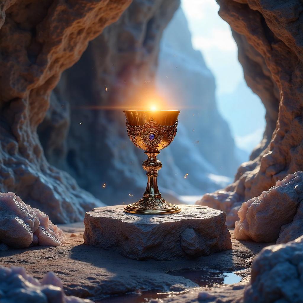 Radiant Golden Chalice in a Crystal Cave