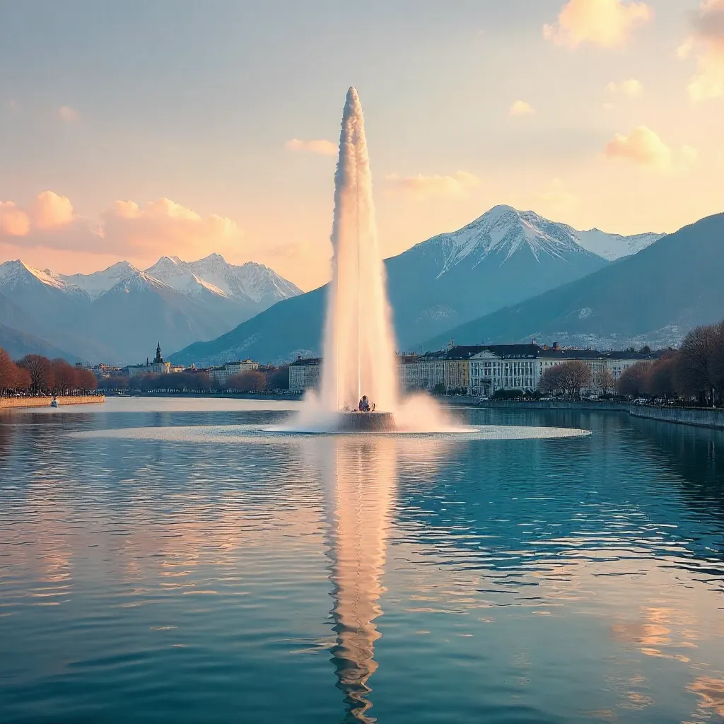 Jet d'Eau View Over Lake Geneva with Alps