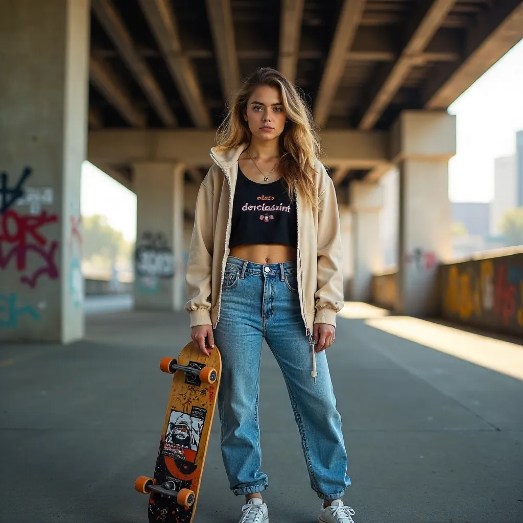Confident Young Woman with Skateboard Under an Urban Bridge