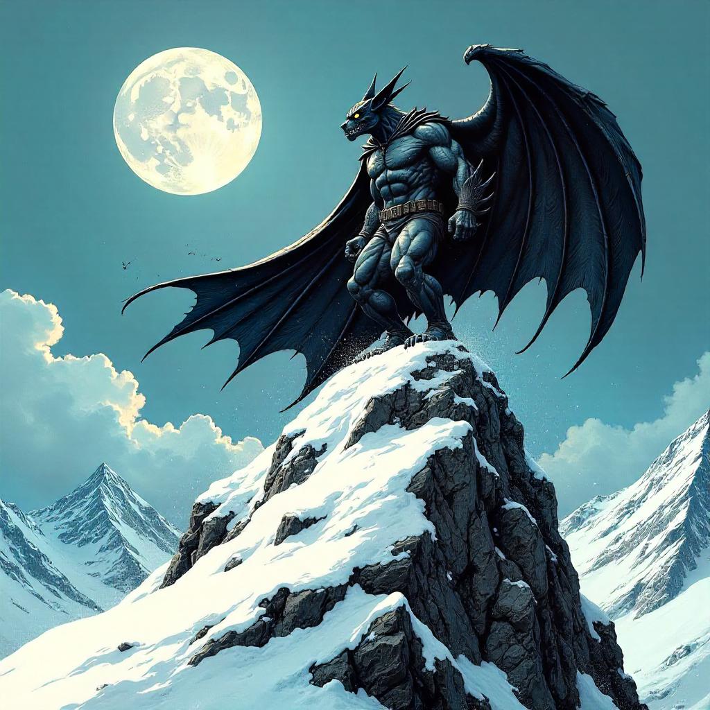 Gargoyle on a Snowy Summit in Comic Book Style