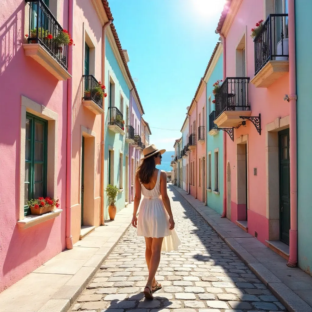 Pastel Street: Woman Among Colorful Buildings