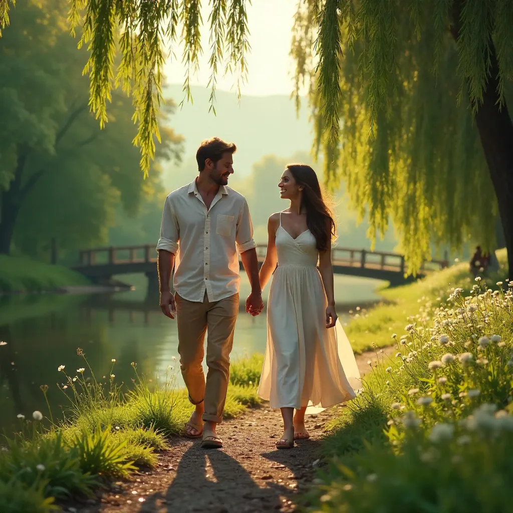 Couple Walking Hand in Hand by a Tranquil River