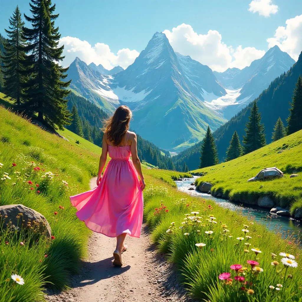 Pink Dress Hiker in the Slovenian Alps