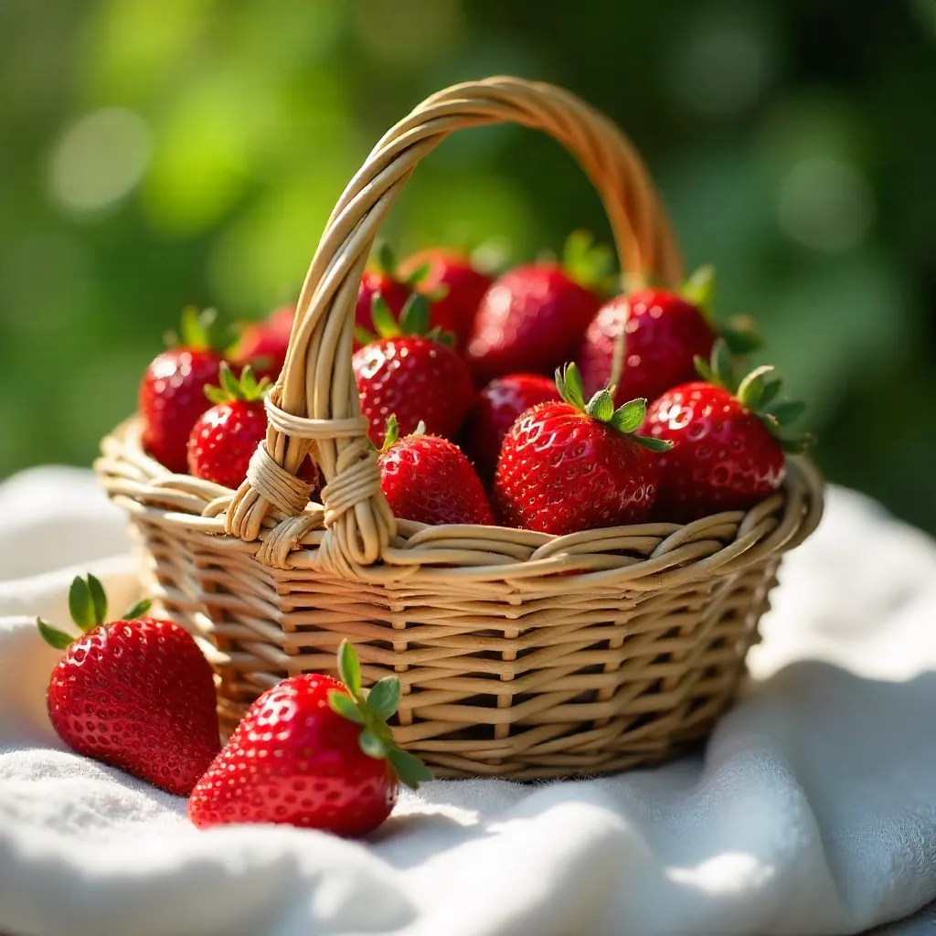 Wicker Basket of Strawberries on White Blanket