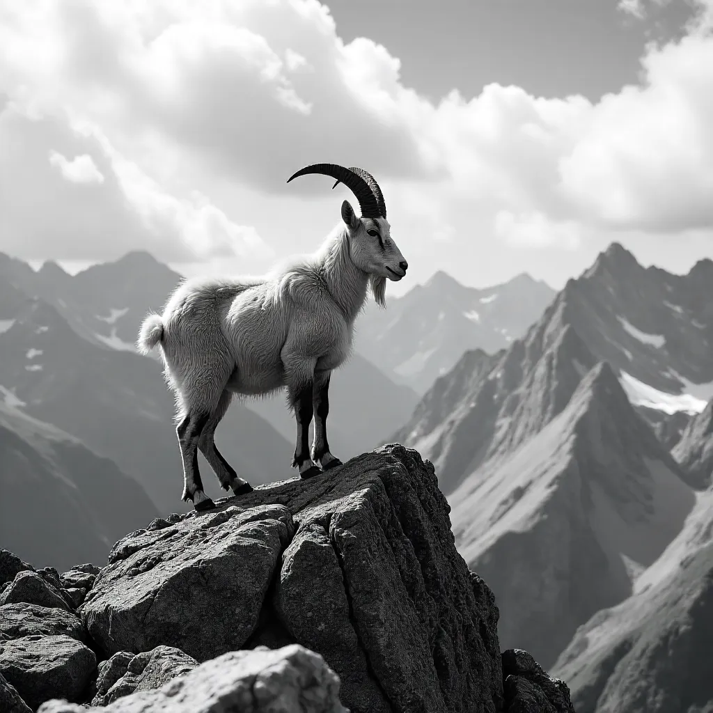 Monochrome Alpine Goat on a Jagged Peak