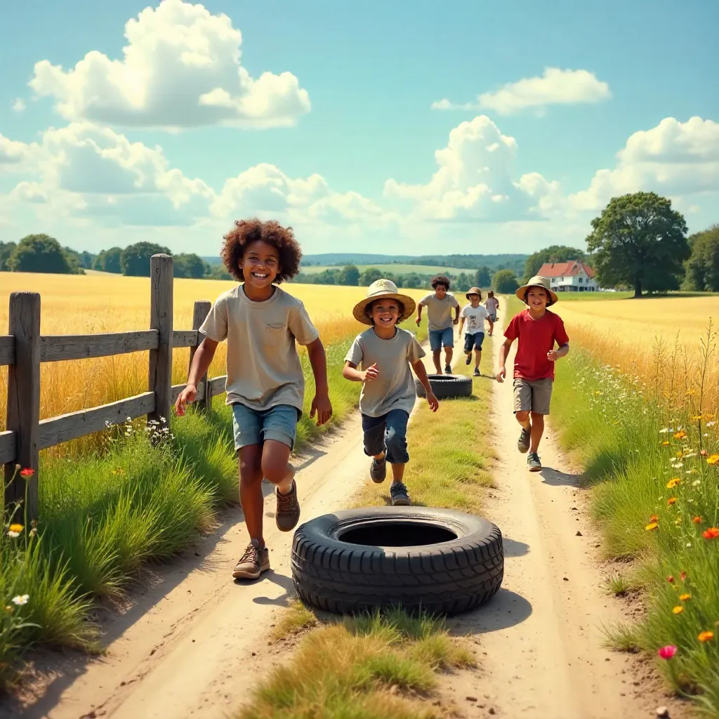 Sunny Rural Tire Game: Children at Play
