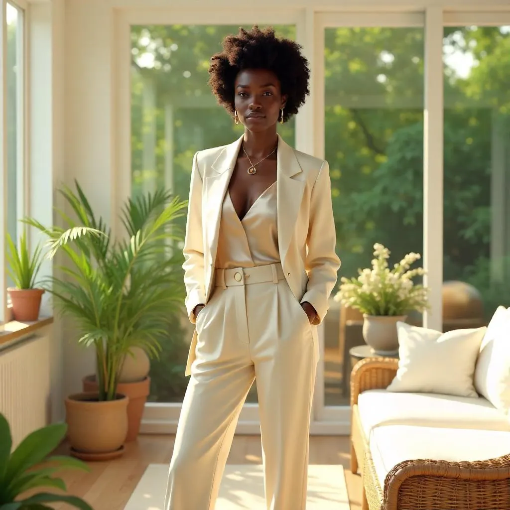 Sunlit 3D Render: Stylish Black Woman in a Sunroom