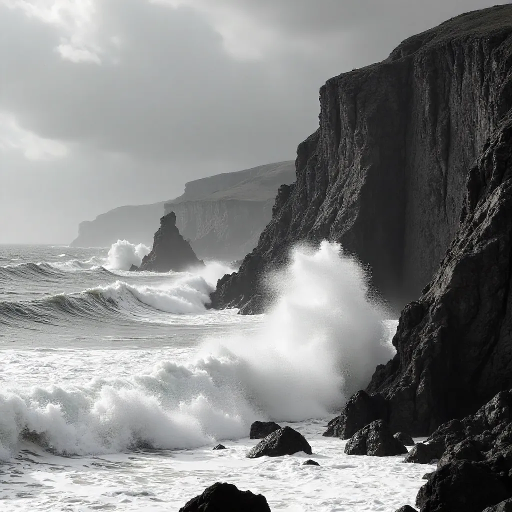 Black-and-White Fury: Waves Against Rugged Cliffs