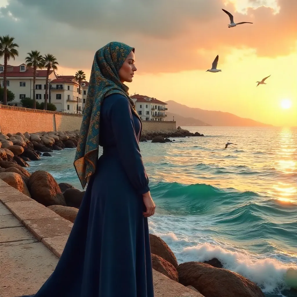 Sunset in Antalya: Hijab-Clad Woman by the Sea