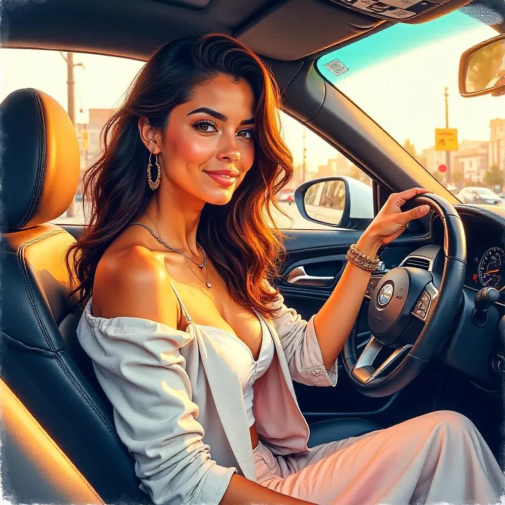 Watercolor Latina in a Sunlit Car